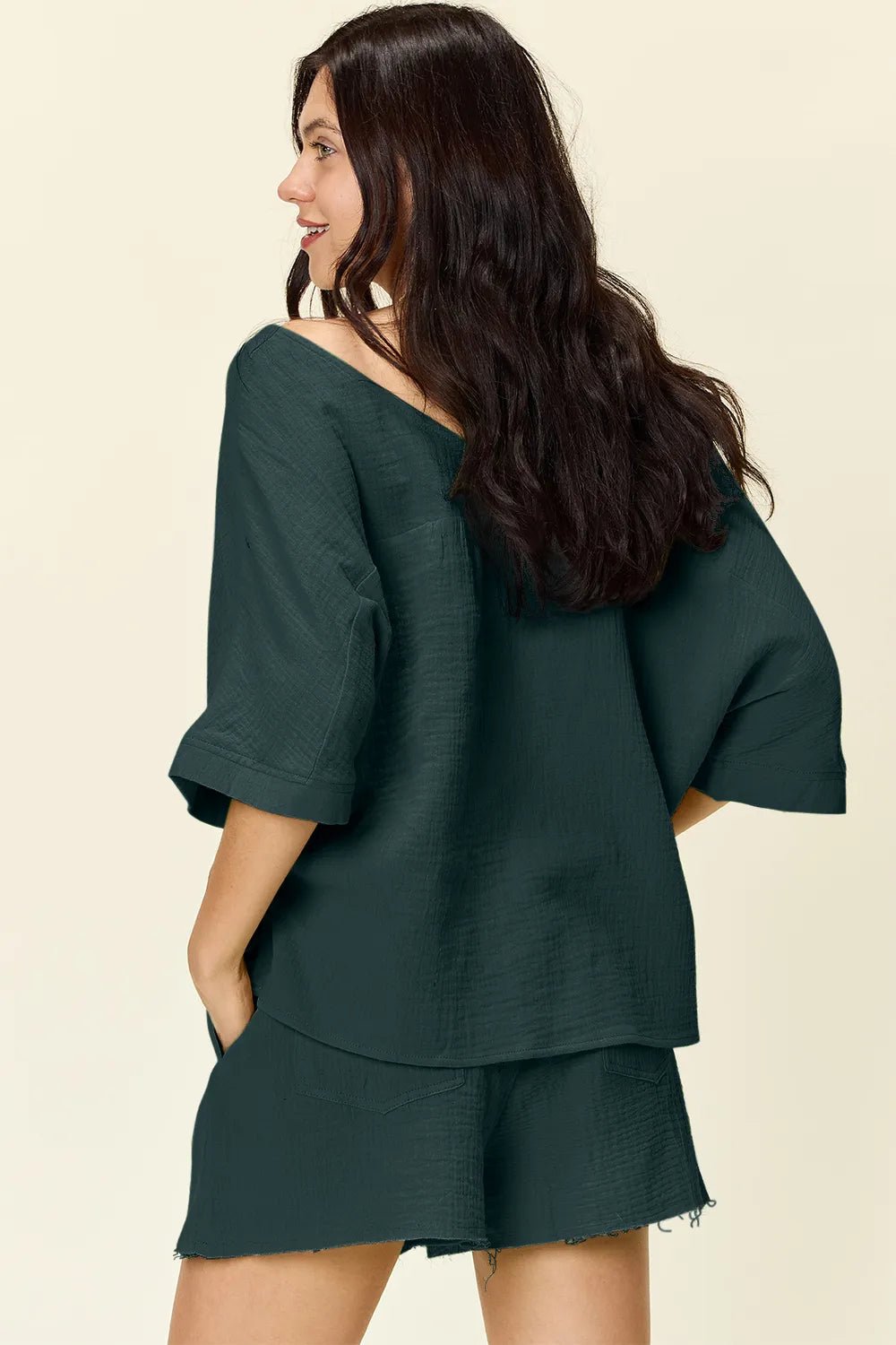 Double Take Texture Half Sleeve T-Shirt and Drawstring Shorts Set - MAD RUFFI