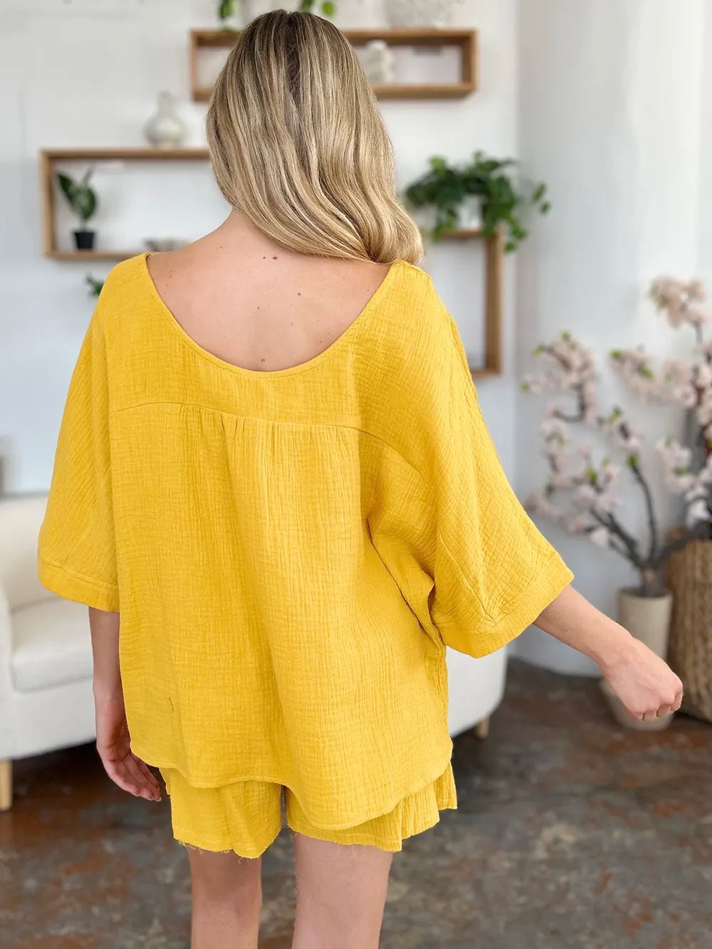 Double Take Texture Half Sleeve T-Shirt and Drawstring Shorts Set - MAD RUFFI