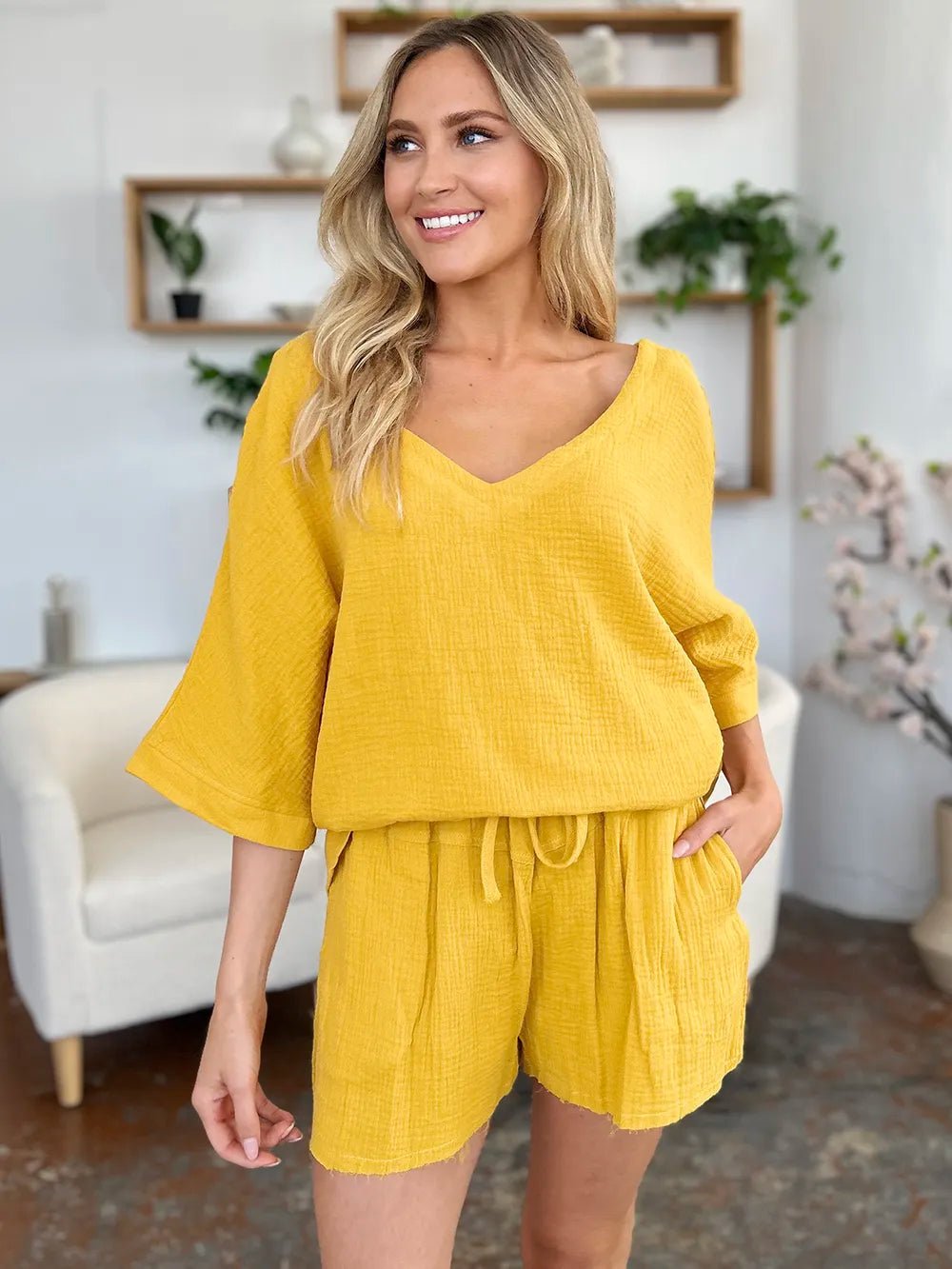 Double Take Texture Half Sleeve T-Shirt and Drawstring Shorts Set - MAD RUFFI