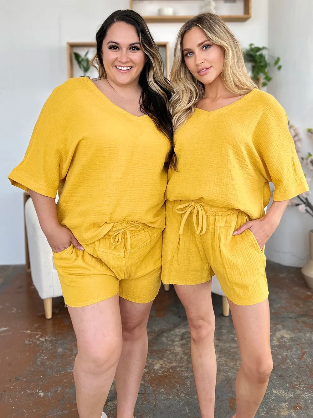 Double Take Texture Half Sleeve T-Shirt and Drawstring Shorts Set - MAD RUFFI