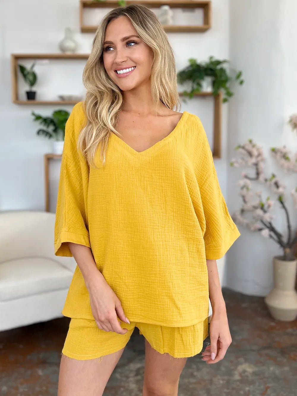 Double Take Texture Half Sleeve T-Shirt and Drawstring Shorts Set - MAD RUFFI