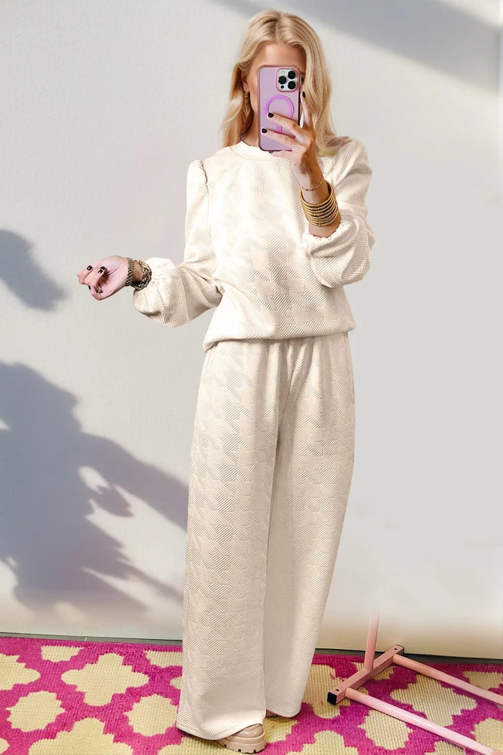 Double Take Texture Long Sleeve Top and Wide Leg Pants Set - MAD RUFFI