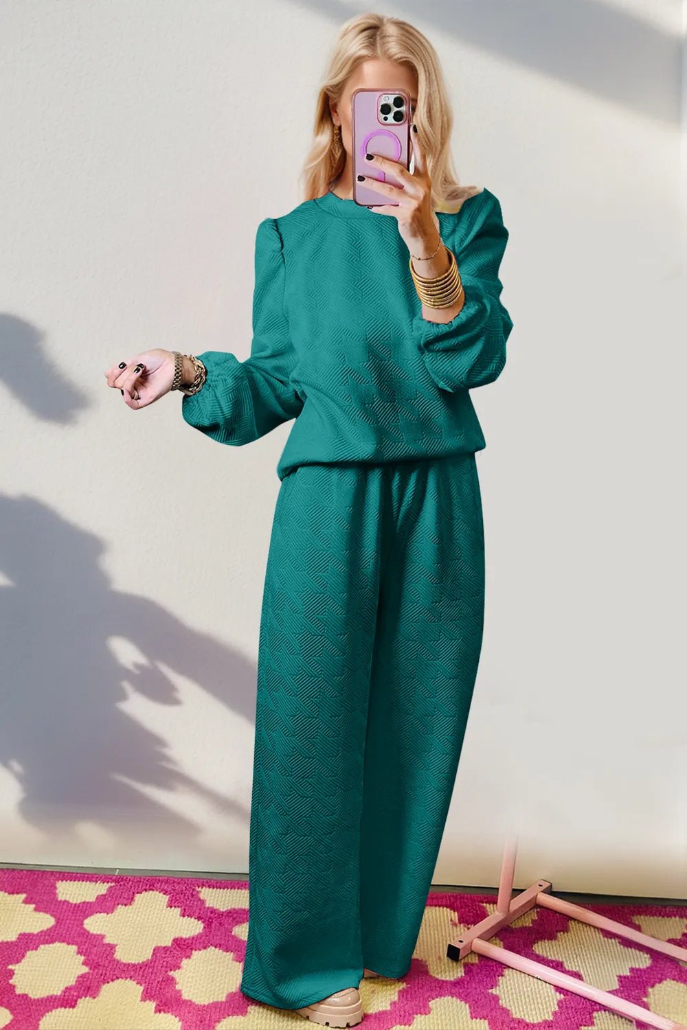 Double Take Texture Long Sleeve Top and Wide Leg Pants Set - MAD RUFFI