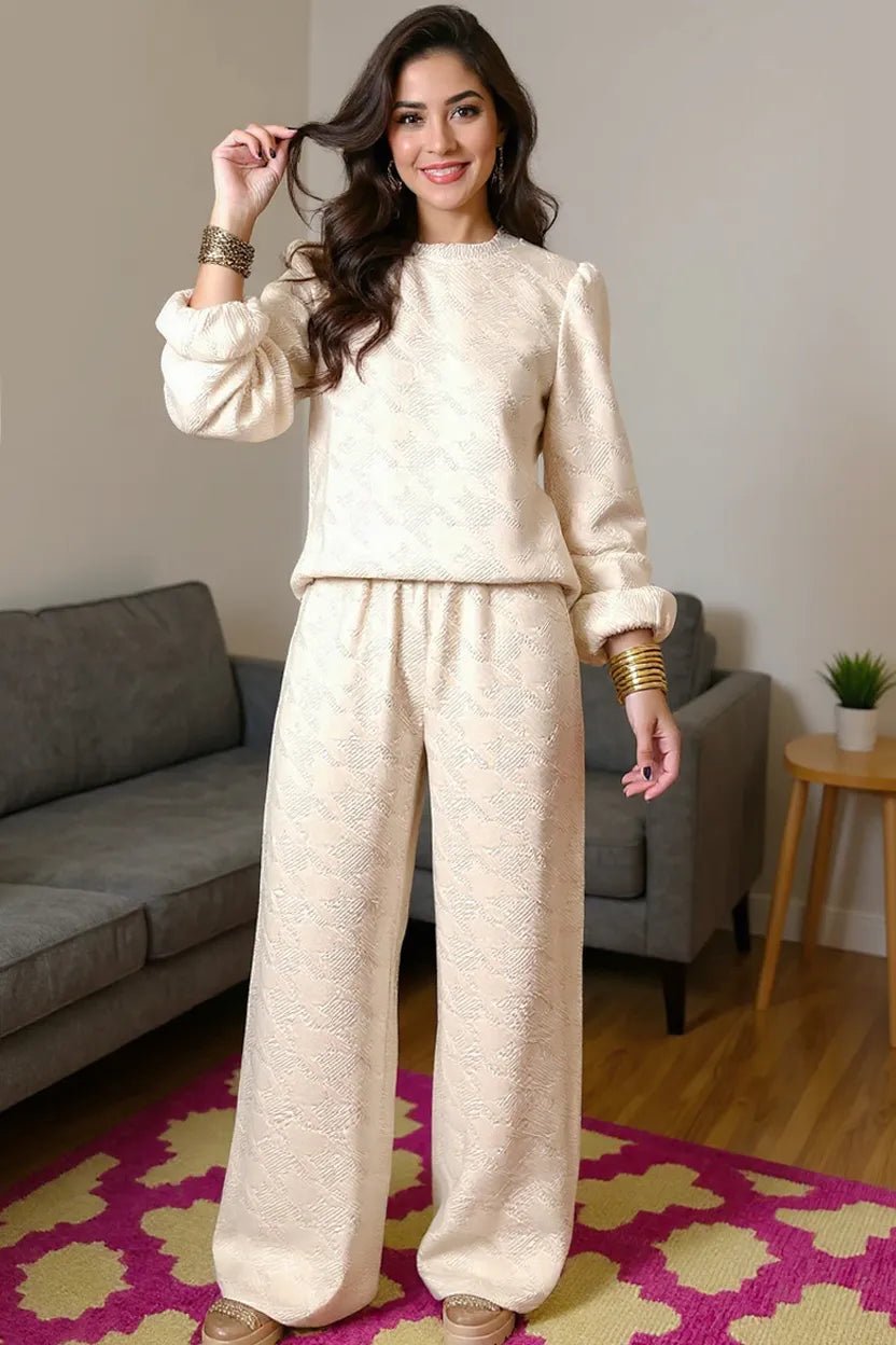 Double Take Texture Long Sleeve Top and Wide Leg Pants Set - MAD RUFFI