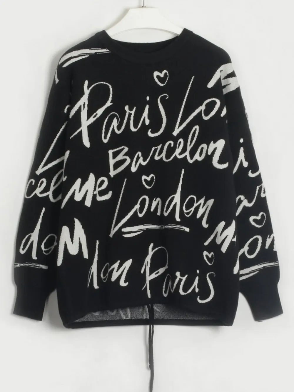 Drawstring Hem Letter Pattern Round Neck Dropped Shoulder Sweater - MAD RUFFI