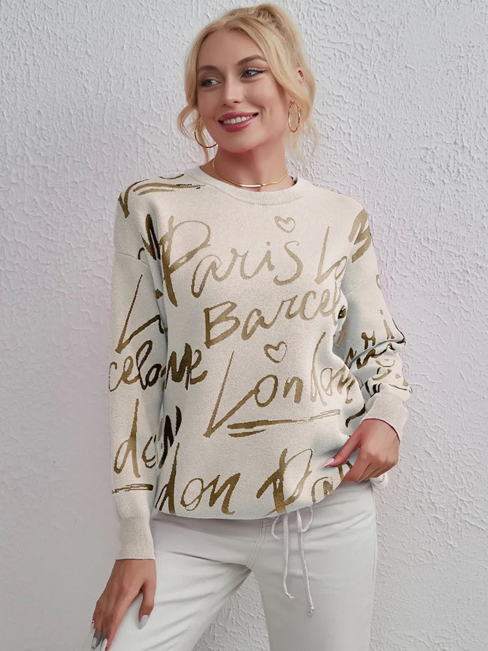 Drawstring Hem Letter Pattern Round Neck Dropped Shoulder Sweater - MAD RUFFI