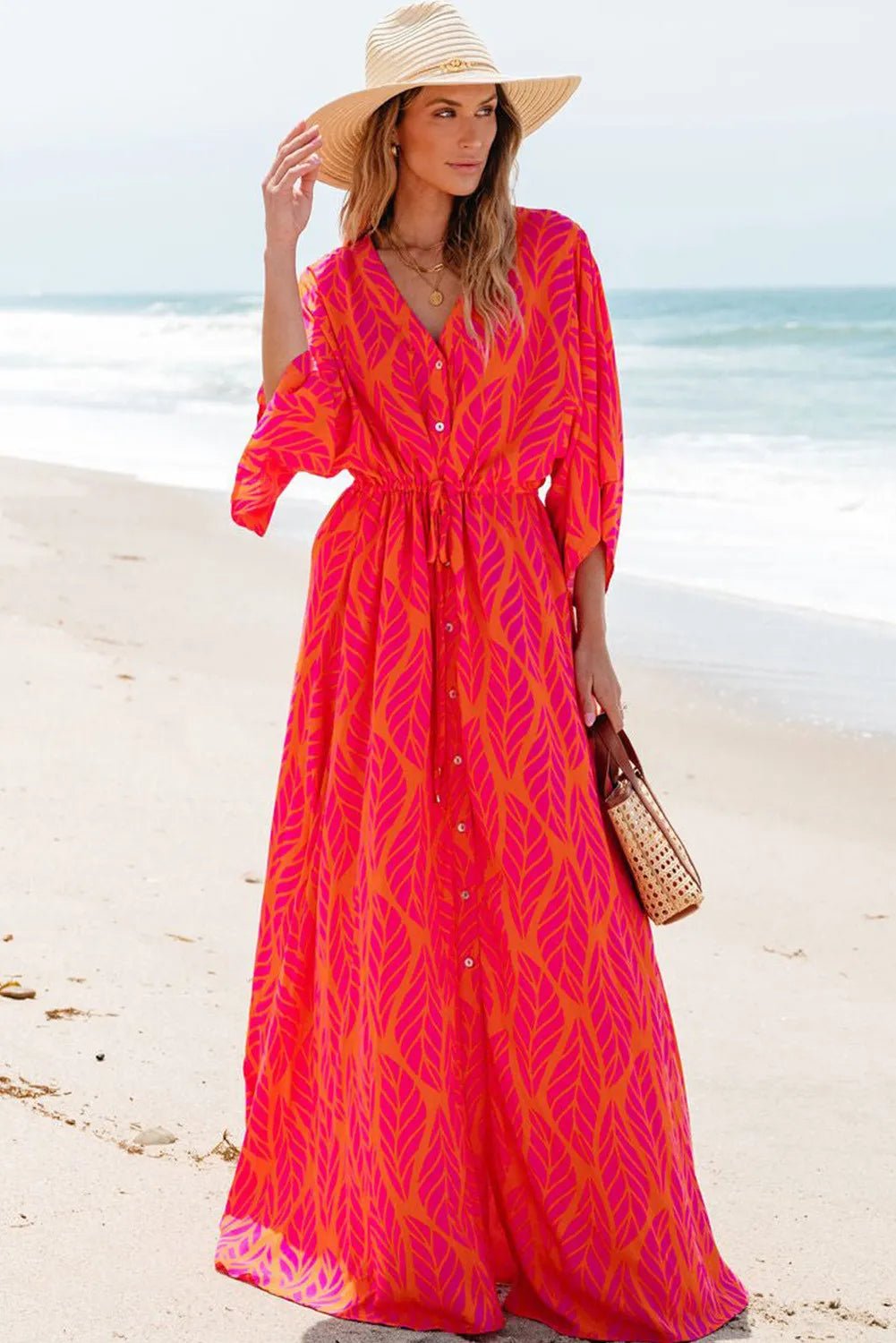 Drawstring Printed V - Neck Maxi Dress - MAD RUFFI