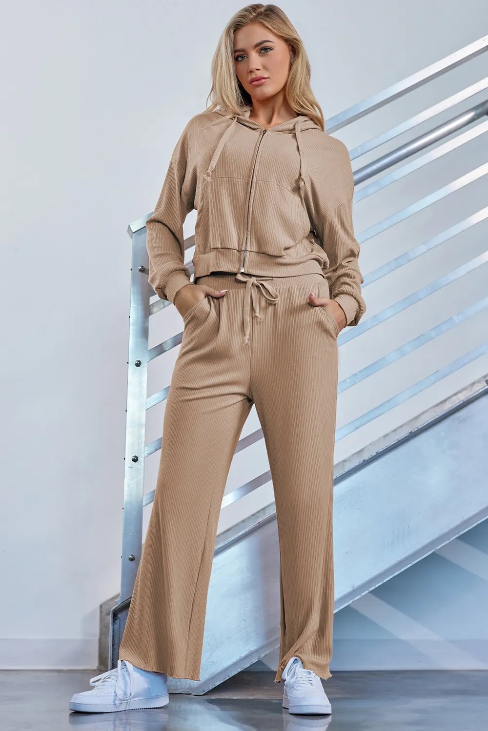 Drawstring Zip Up Hoodie and Pants Active Set - MAD RUFFI