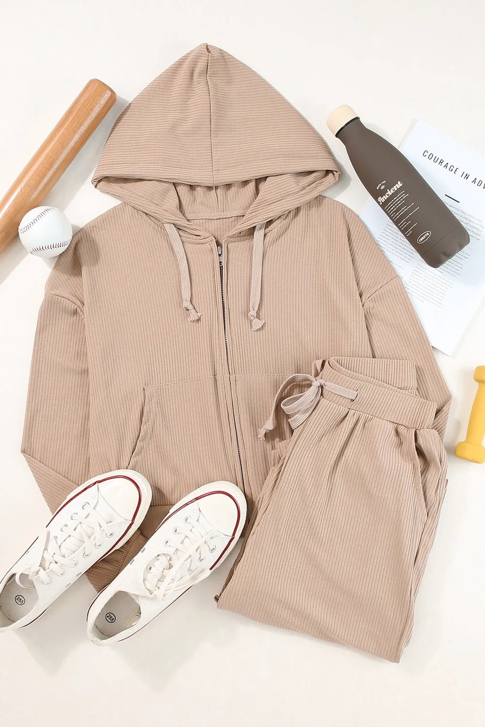 Drawstring Zip Up Hoodie and Pants Active Set - MAD RUFFI