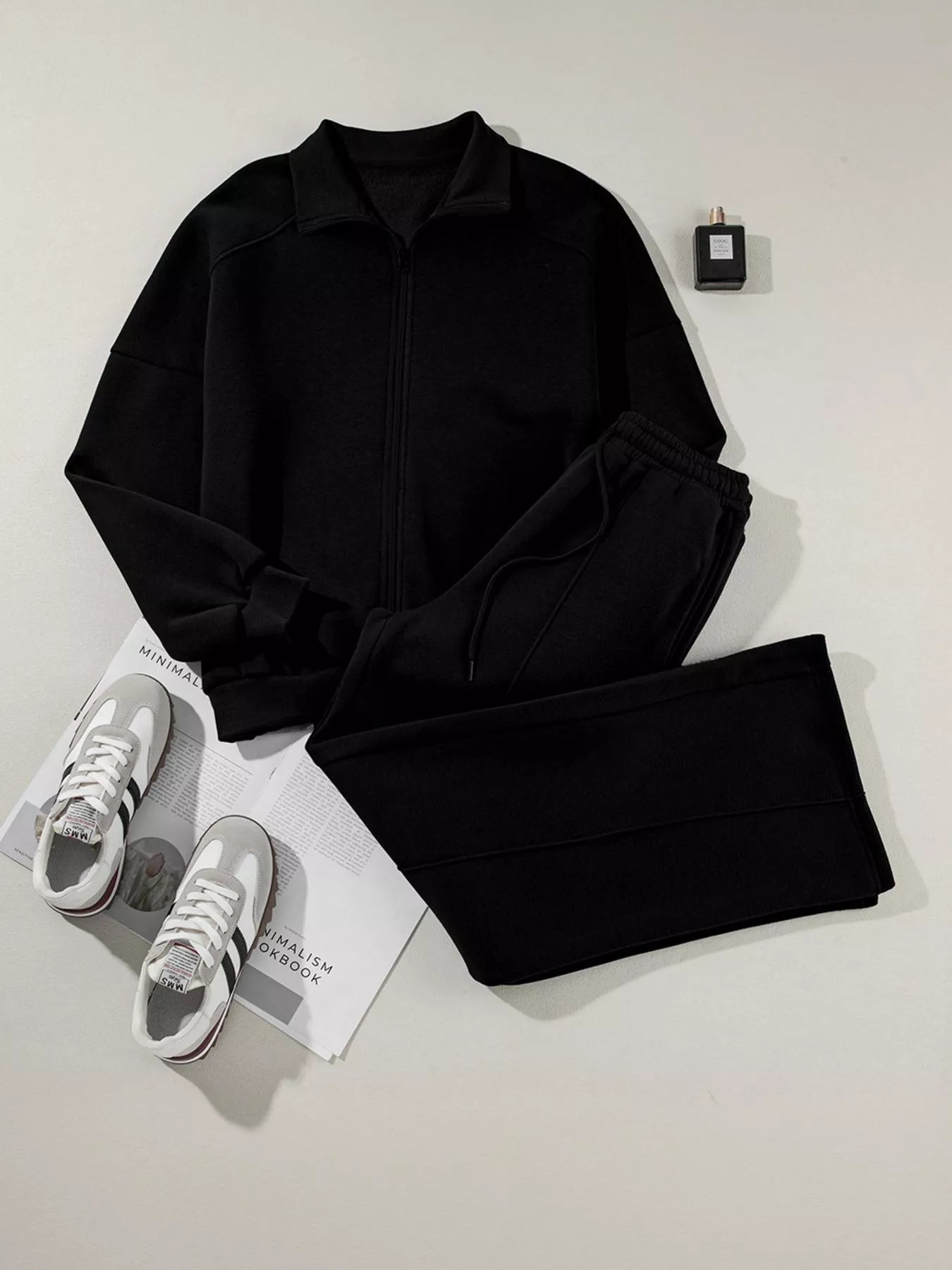 Drop Shoulder Zip Up Jacket and Drawstring Pants Active 2pcs Set - MAD RUFFI