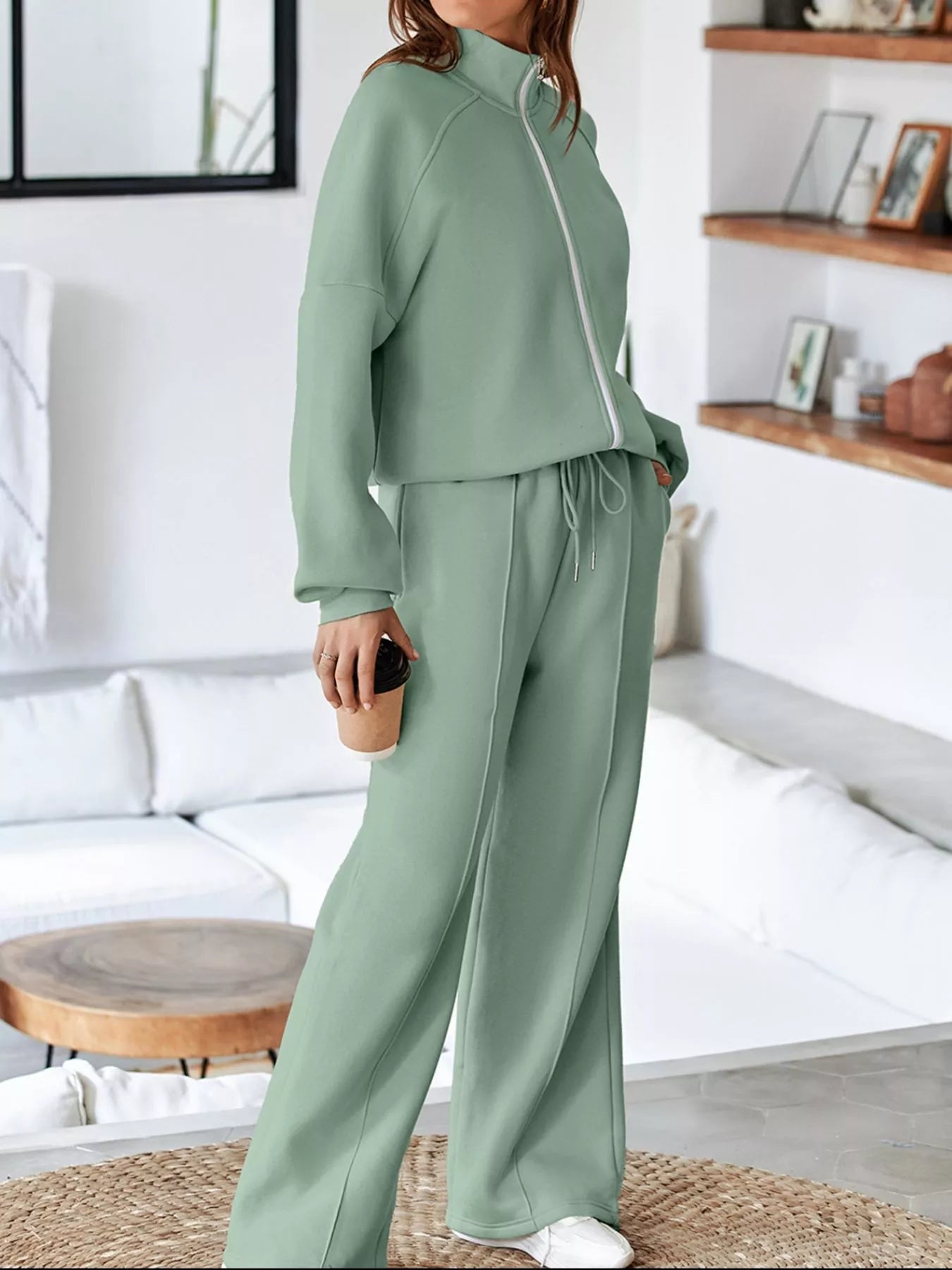 Drop Shoulder Zip Up Jacket and Drawstring Pants Active 2pcs Set - MAD RUFFI