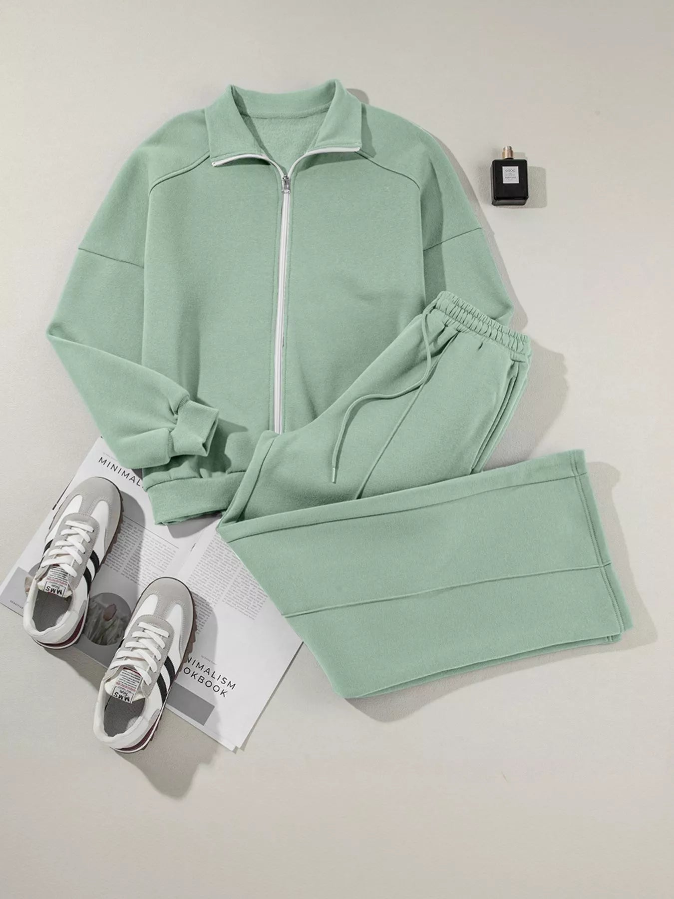 Drop Shoulder Zip Up Jacket and Drawstring Pants Active 2pcs Set - MAD RUFFI