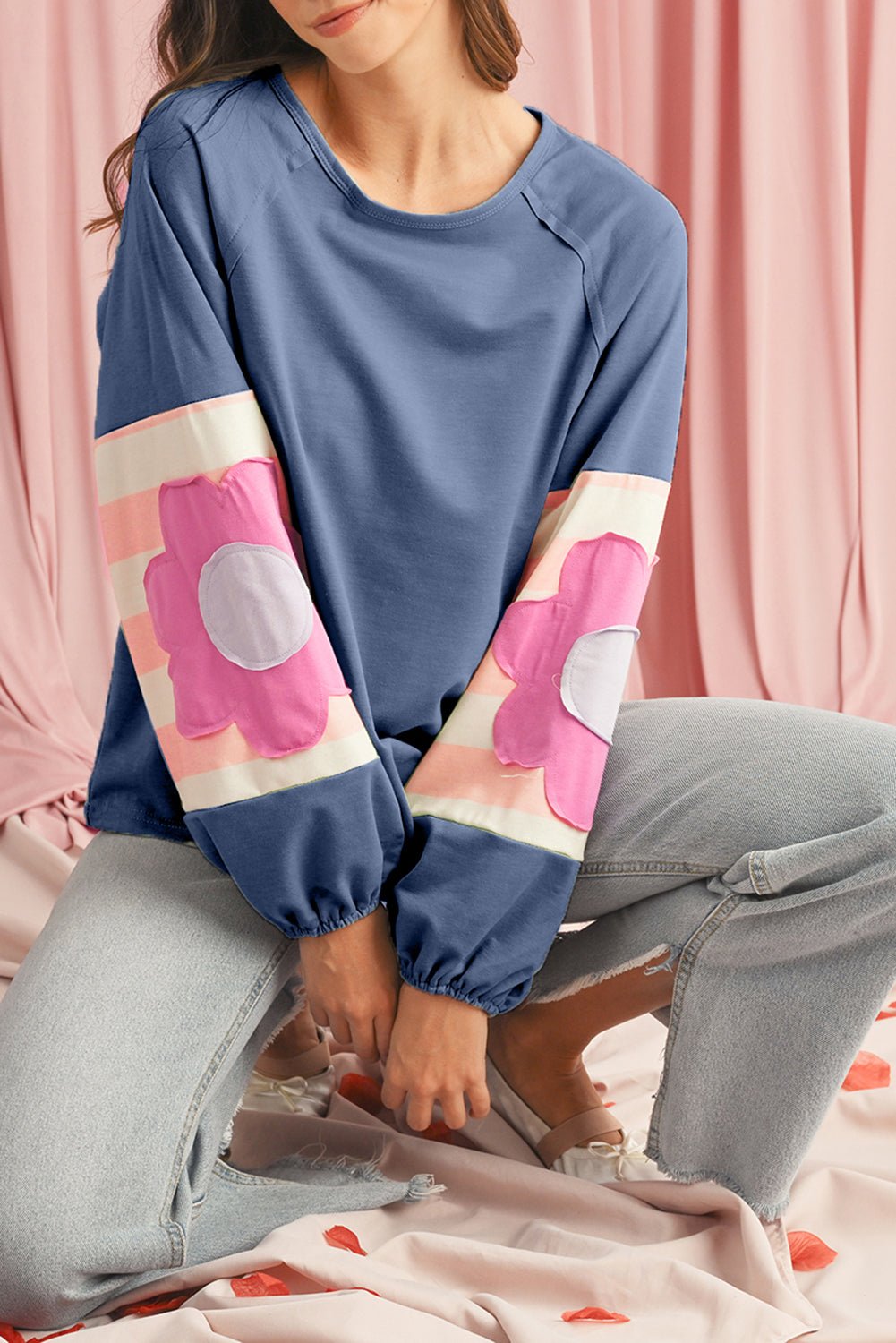 Dune Flower Patchwork Exposed Seam Raglan Sleeve Top - MAD RUFFI