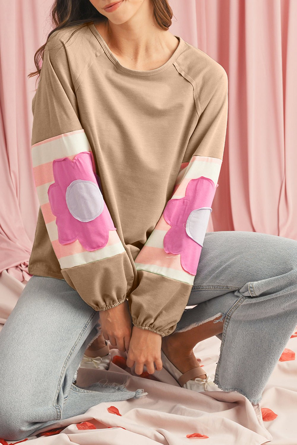 Dune Flower Patchwork Exposed Seam Raglan Sleeve Top - MAD RUFFI