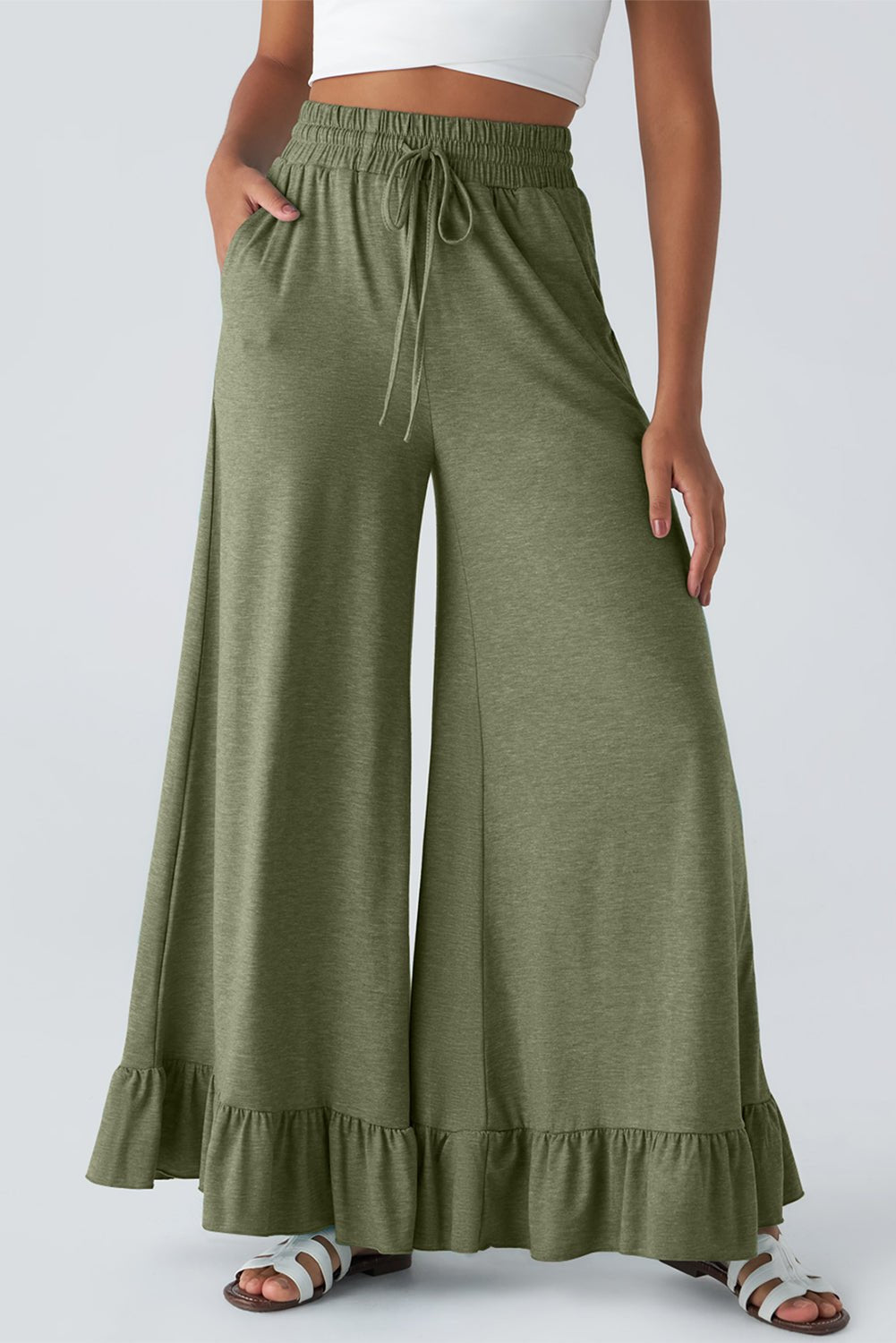 Dune Solid Color Ruffle Hem Wide Leg Pants - MAD RUFFI