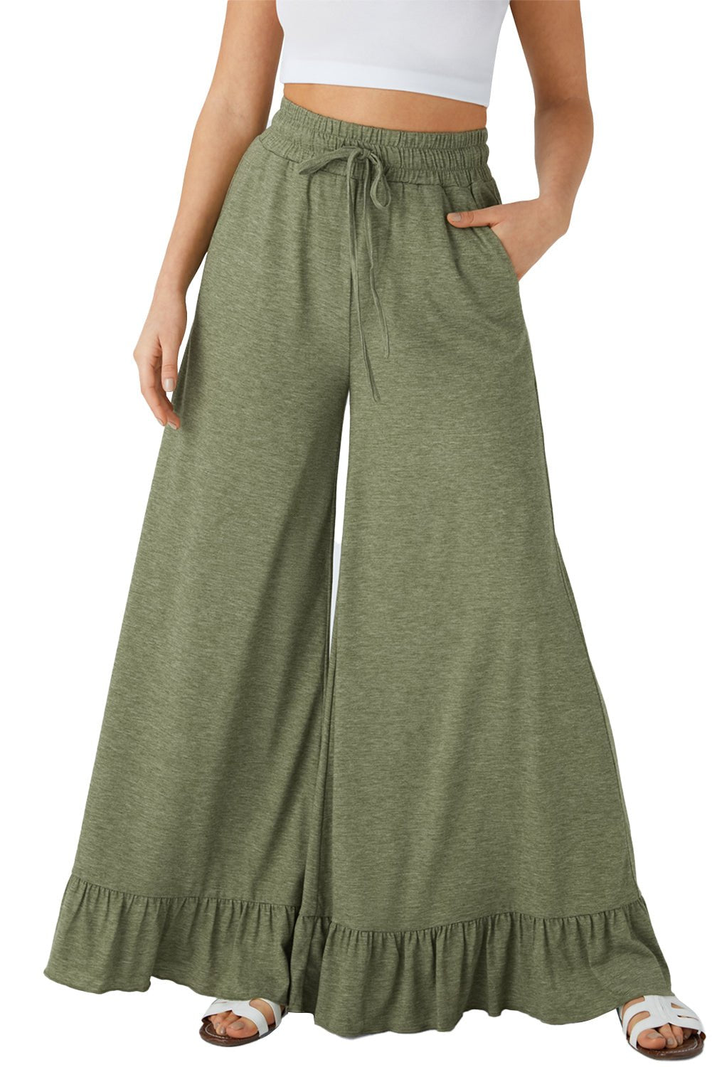 Dune Solid Color Ruffle Hem Wide Leg Pants - MAD RUFFI