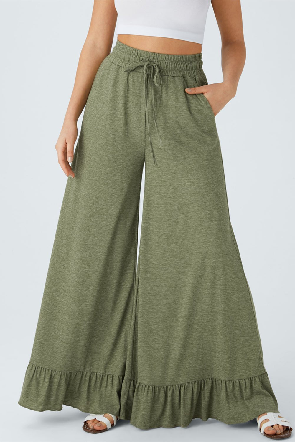 Dune Solid Color Ruffle Hem Wide Leg Pants - MAD RUFFI