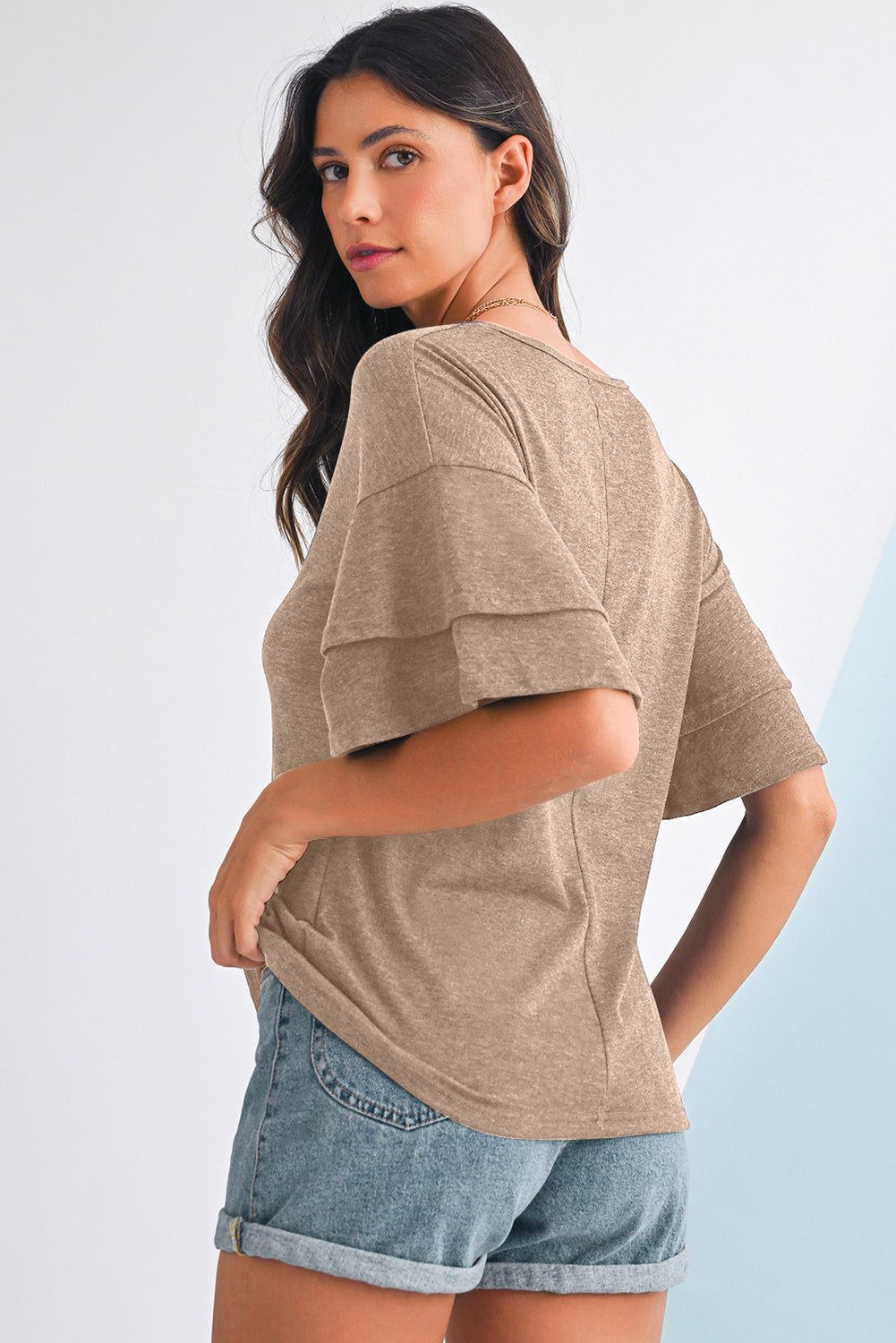 Dune Solid Color V Neck Double Layer Sleeve Loose T-Shirt - MAD RUFFI