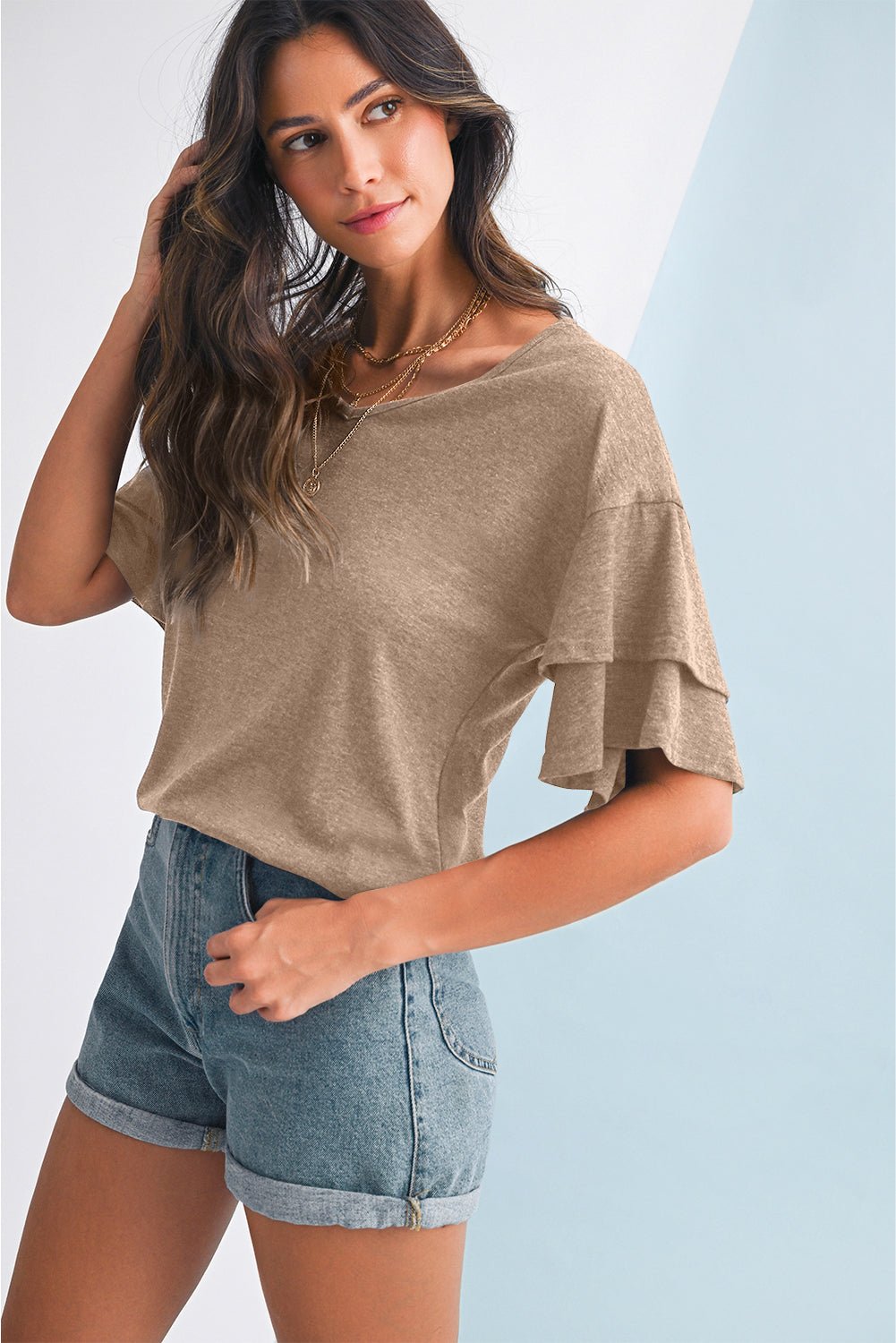 Dune Solid Color V Neck Double Layer Sleeve Loose T-Shirt - MAD RUFFI
