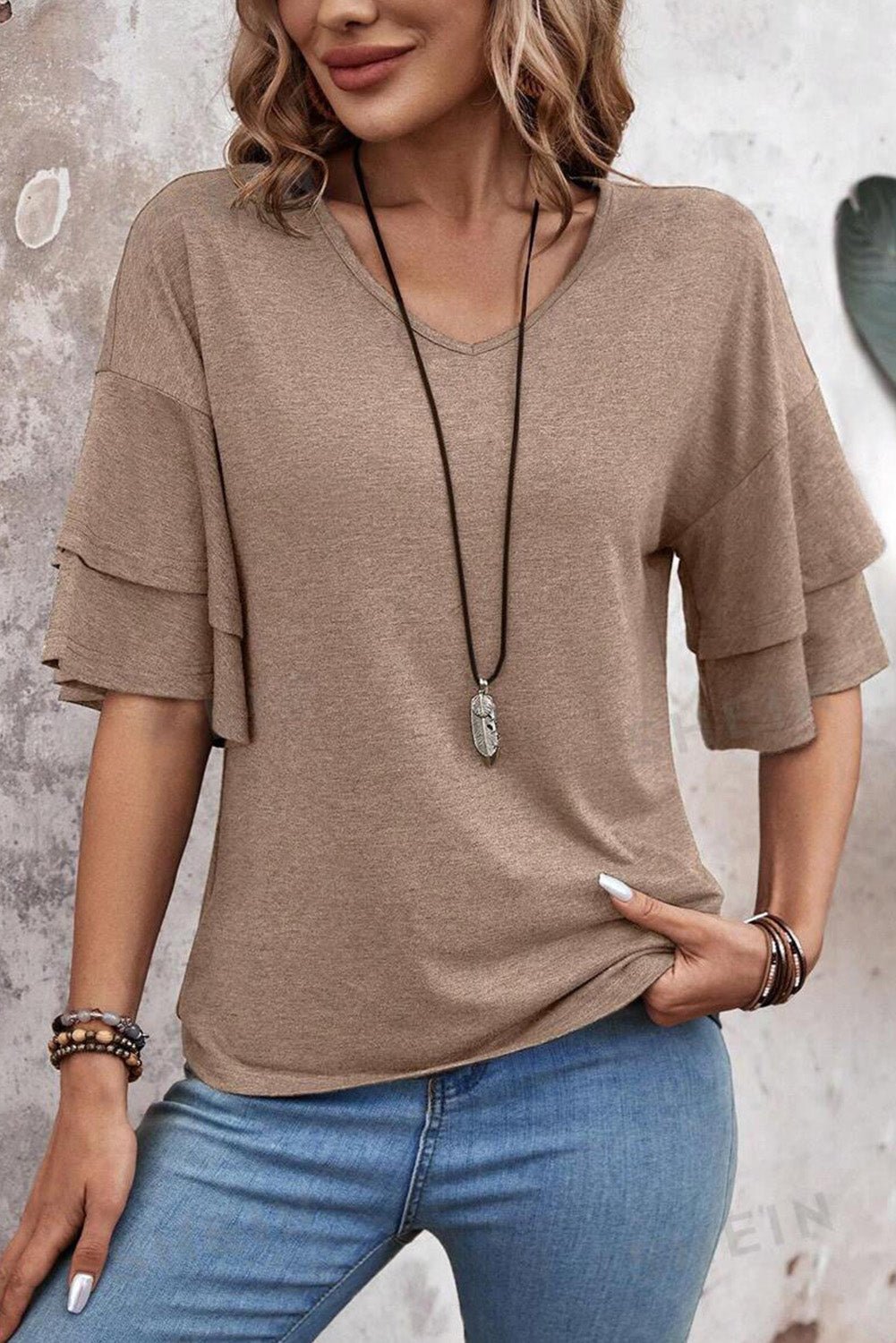 Dune Solid Color V Neck Double Layer Sleeve Loose T-Shirt - MAD RUFFI