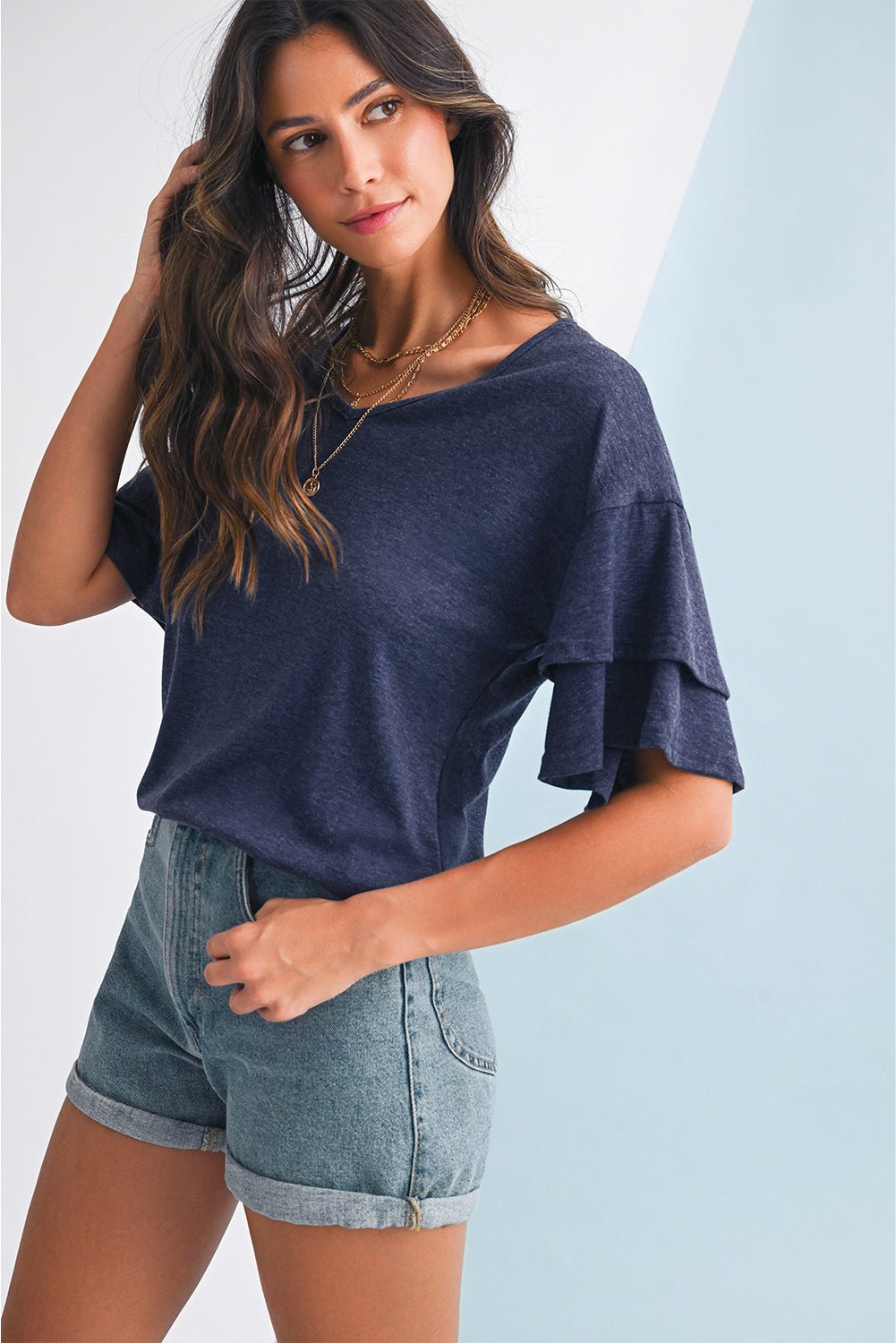 Dune Solid Color V Neck Double Layer Sleeve Loose T-Shirt - MAD RUFFI