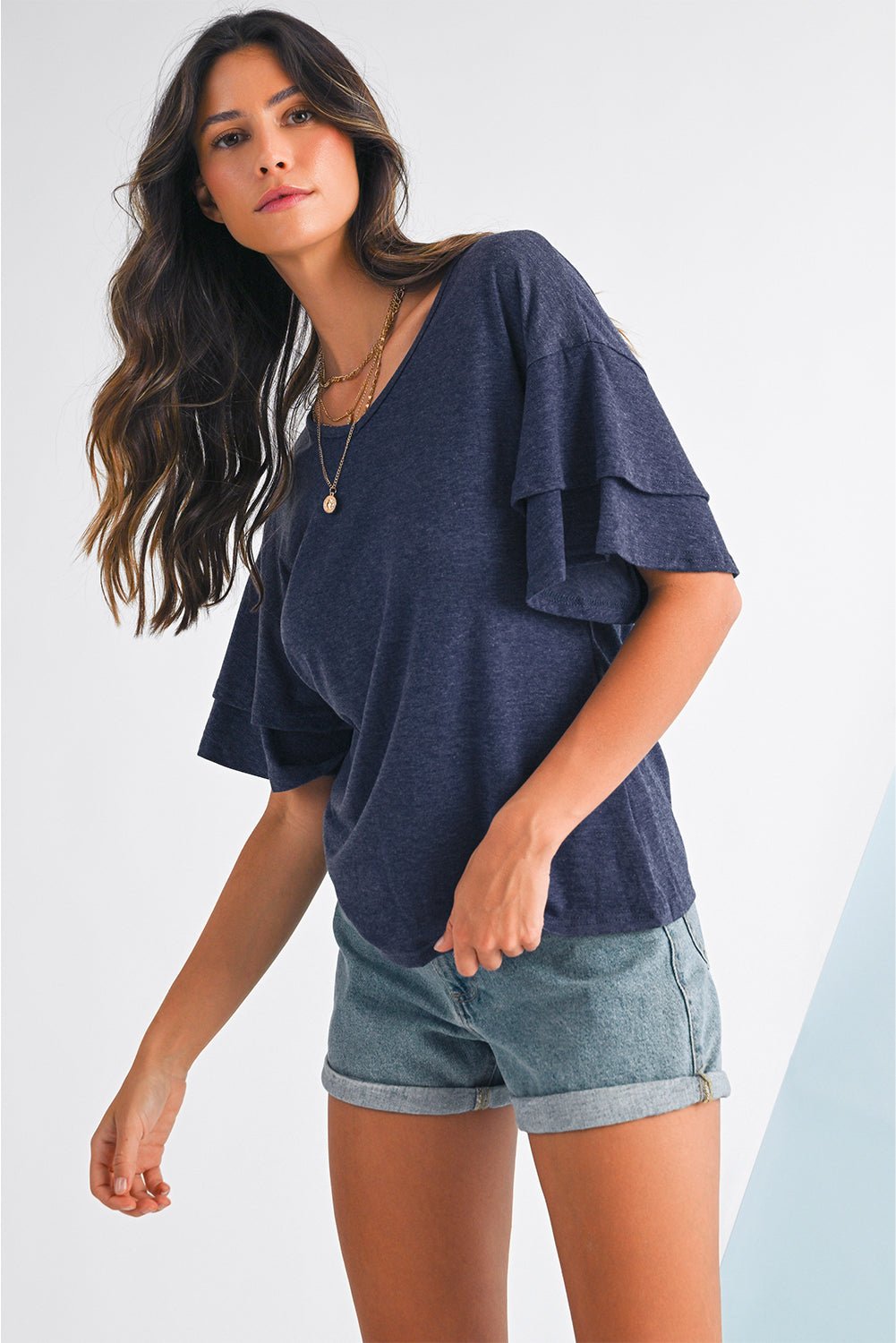 Dune Solid Color V Neck Double Layer Sleeve Loose T-Shirt - MAD RUFFI