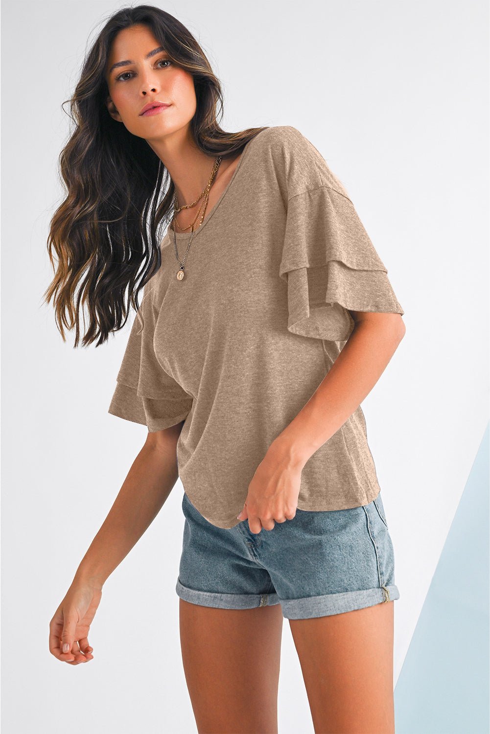 Dune Solid Color V Neck Double Layer Sleeve Loose T-Shirt - MAD RUFFI