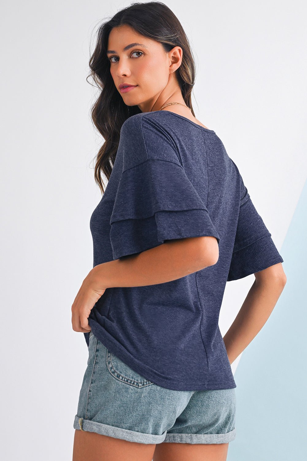 Dune Solid Color V Neck Double Layer Sleeve Loose T-Shirt - MAD RUFFI