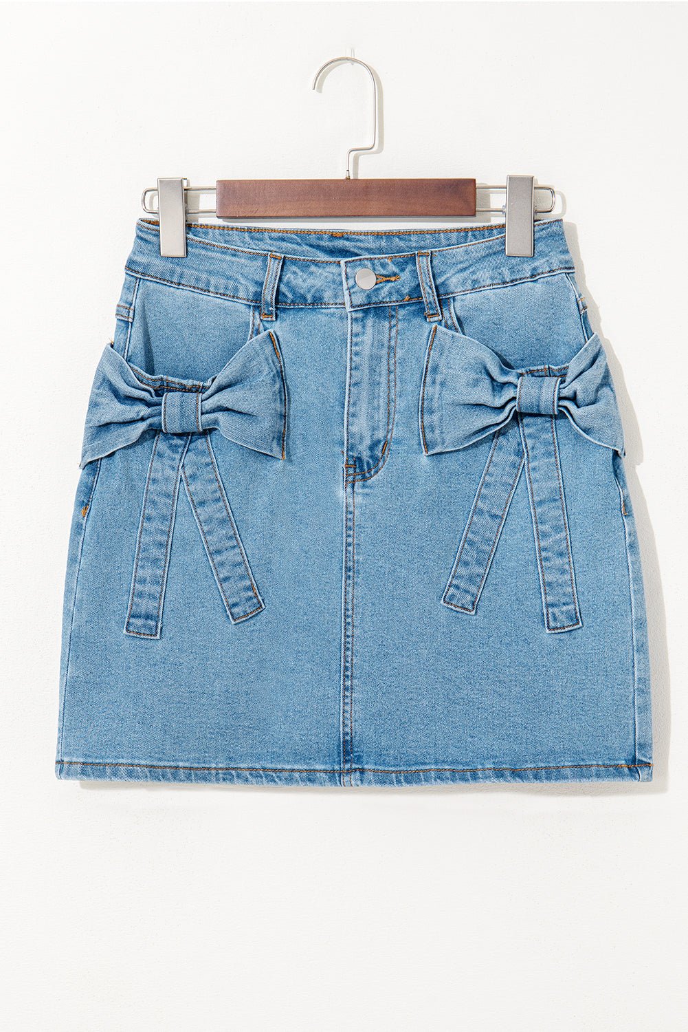 Dusk Blue Acid Washed Bowknot Details High Waist Denim Skirt - MAD RUFFI