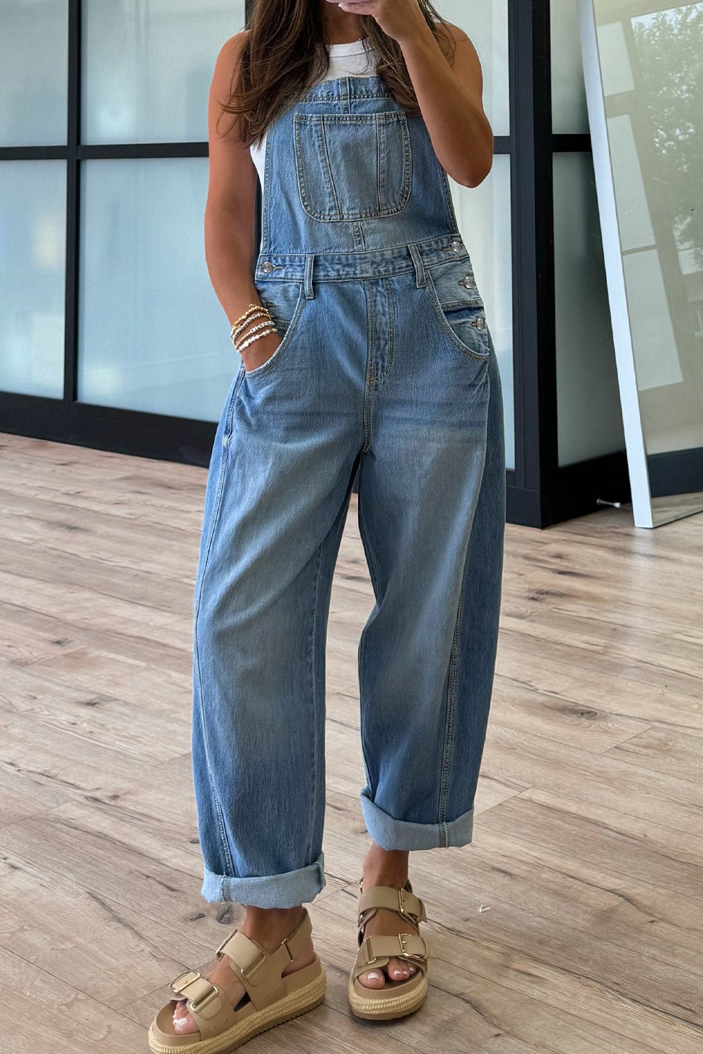 Dusk Blue Adjustable Buckle Straps Straight Leg Denim Overalls - MAD RUFFI
