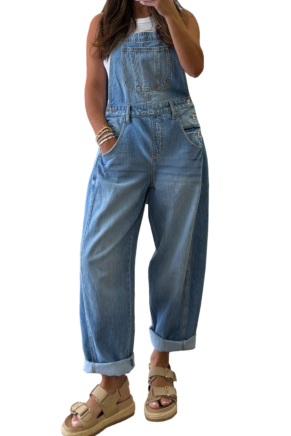 Dusk Blue Adjustable Buckle Straps Straight Leg Denim Overalls - MAD RUFFI