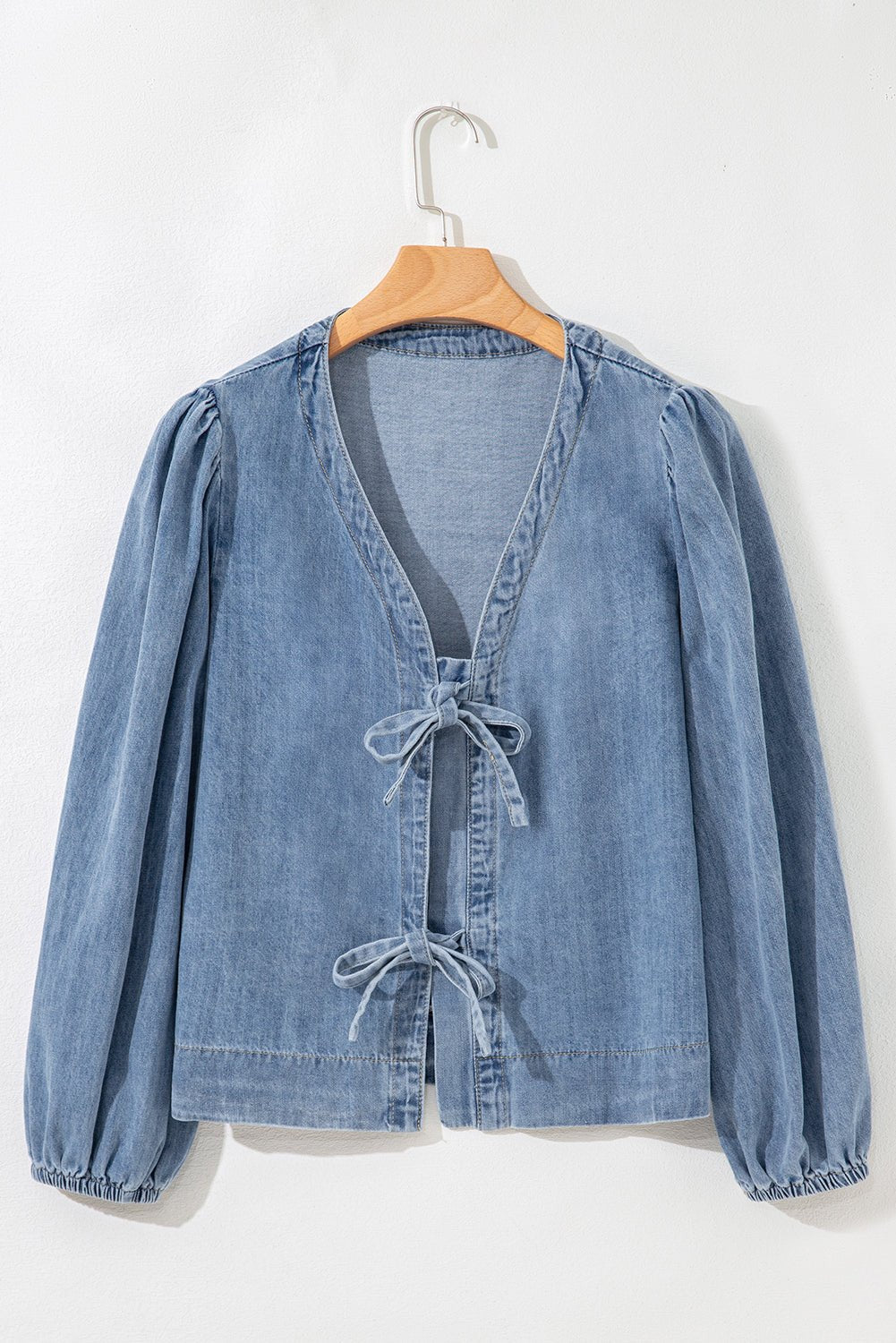 Dusk Blue Bow Tie Front Puff Sleeve Denim Top - MAD RUFFI