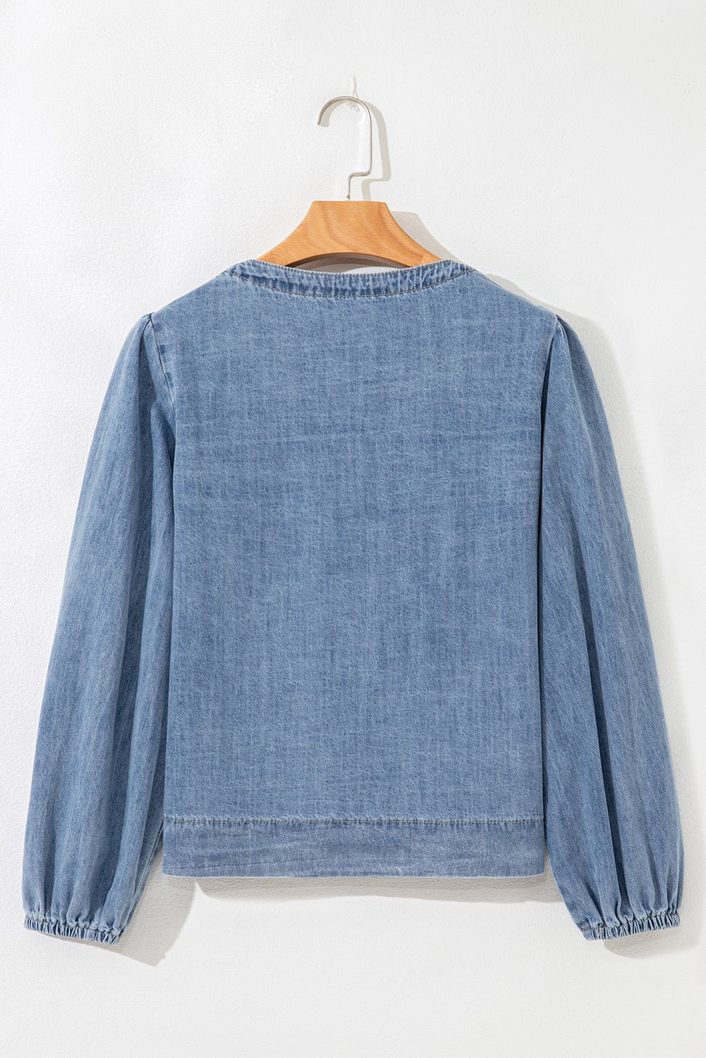 Dusk Blue Bow Tie Front Puff Sleeve Denim Top - MAD RUFFI
