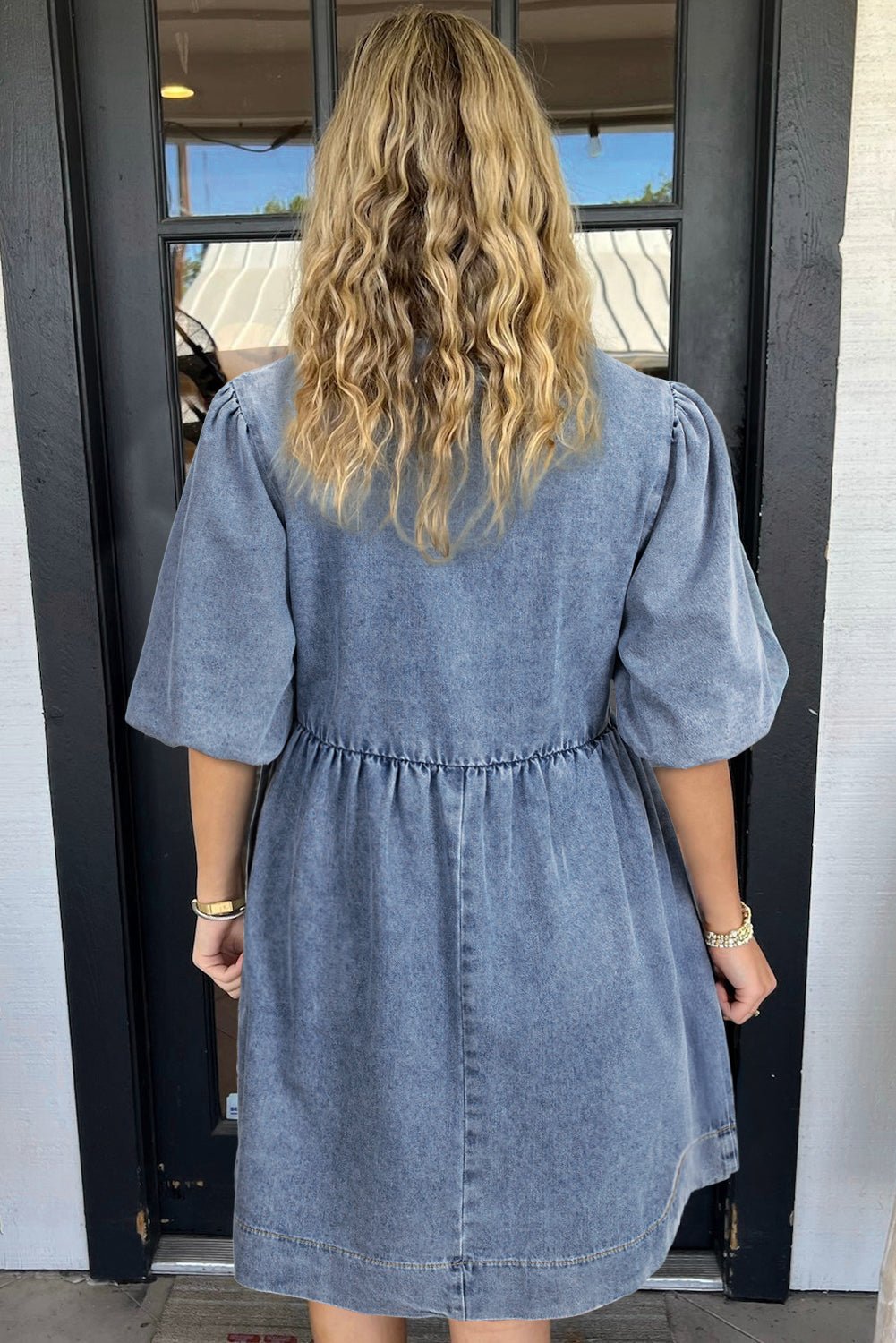 Dusk Blue Bowknot Puff Sleeve Denim Dress - MAD RUFFI