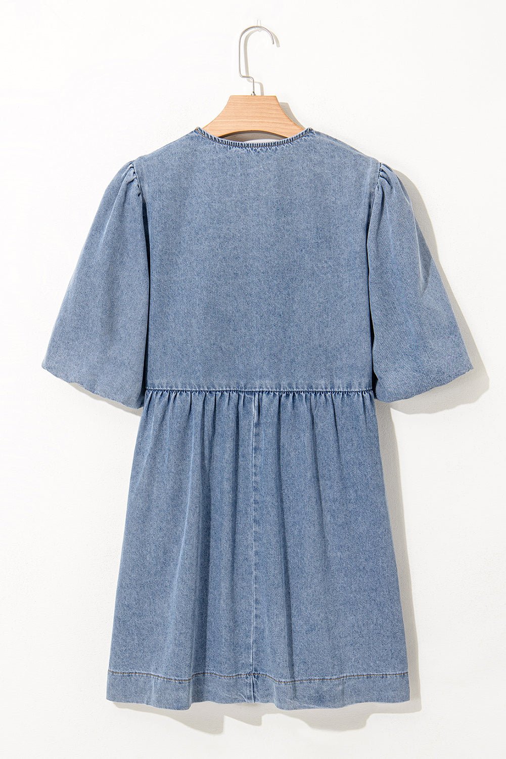 Dusk Blue Bowknot Puff Sleeve Denim Dress - MAD RUFFI