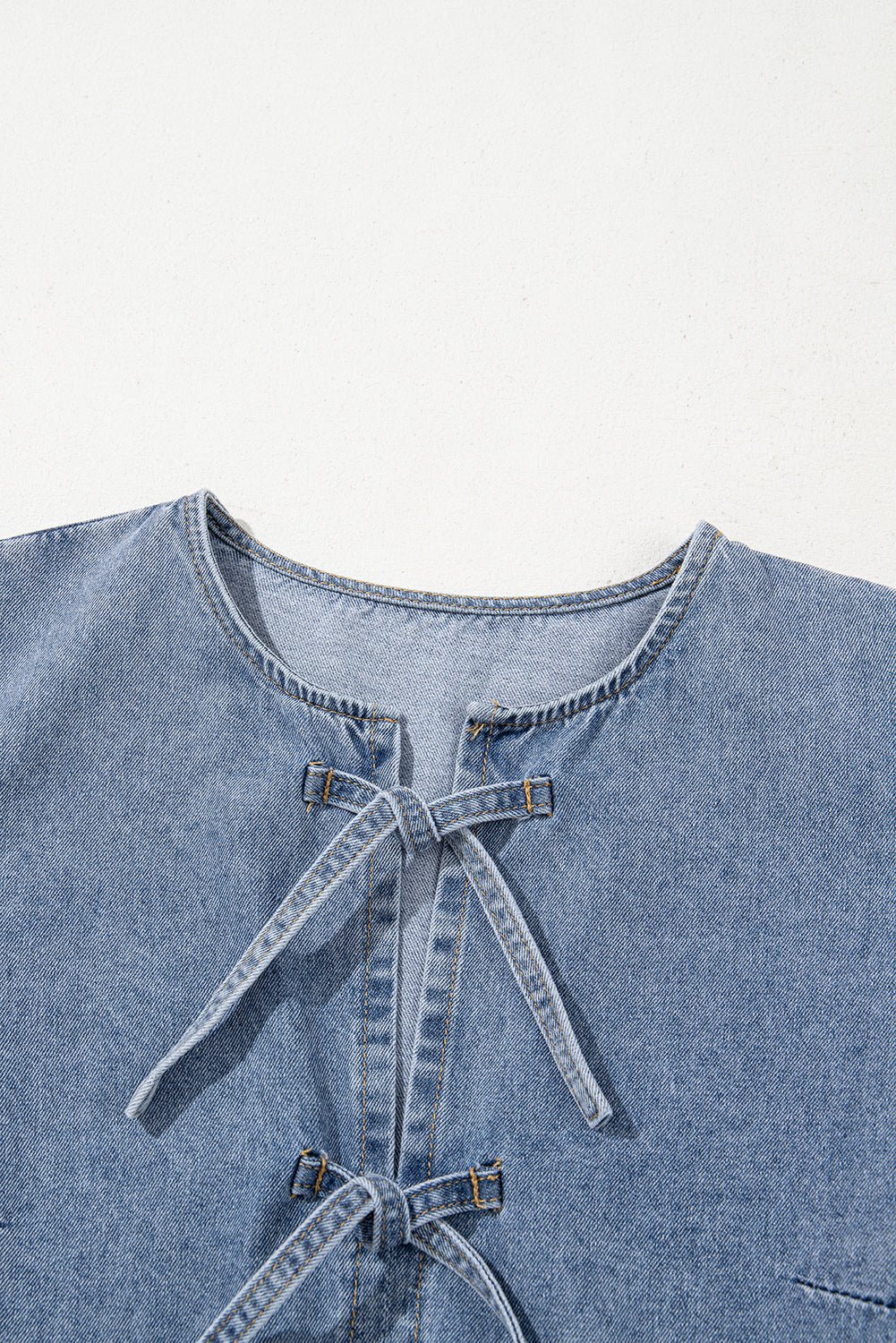 Dusk Blue Bowknot Puff Sleeve Denim Dress - MAD RUFFI