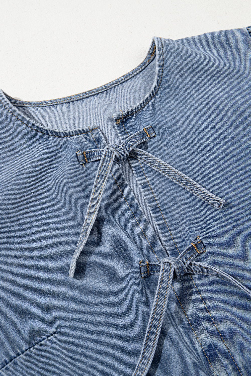 Dusk Blue Bowknot Puff Sleeve Denim Dress - MAD RUFFI