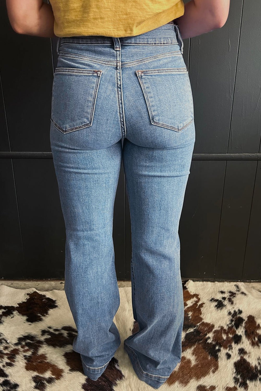 Dusk Blue Buttoned High Waist Piping Trim Flared Jeans - MAD RUFFI