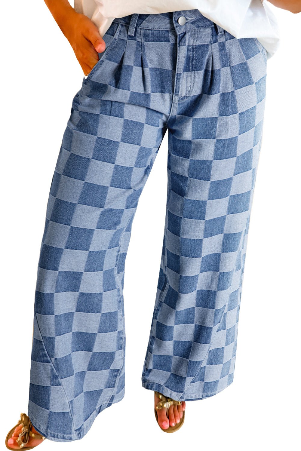 Dusk Blue Checkered Light Washed Wide Leg Jeans - MAD RUFFI