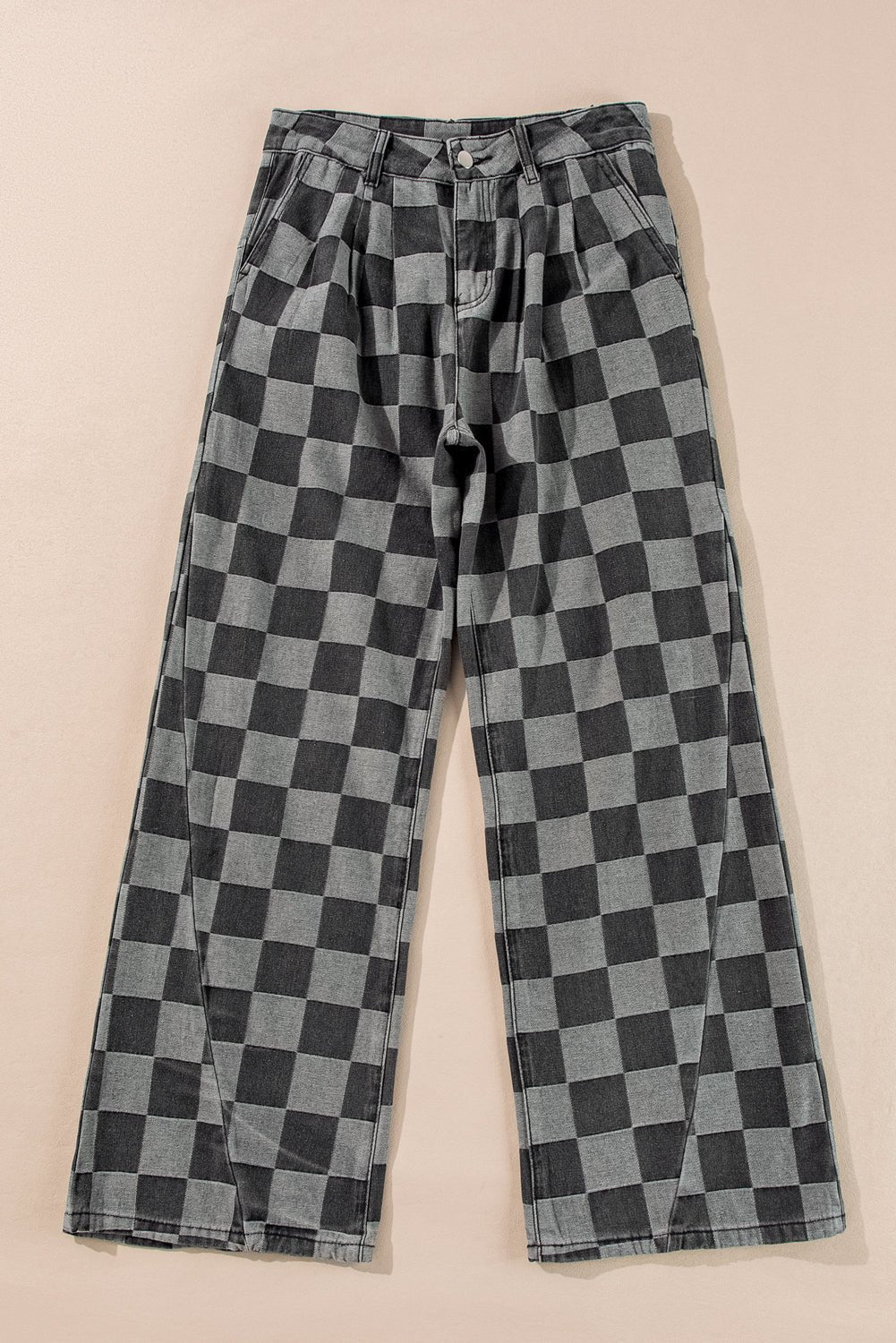 Dusk Blue Checkered Light Washed Wide Leg Jeans - MAD RUFFI
