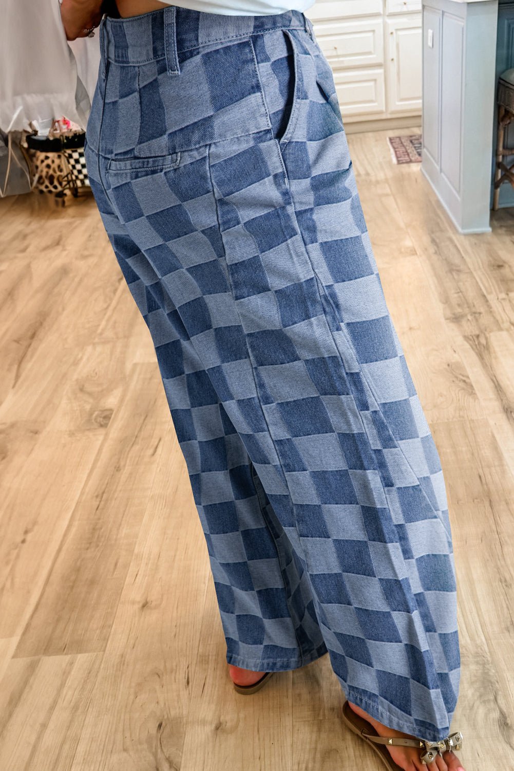 Dusk Blue Checkered Light Washed Wide Leg Jeans - MAD RUFFI