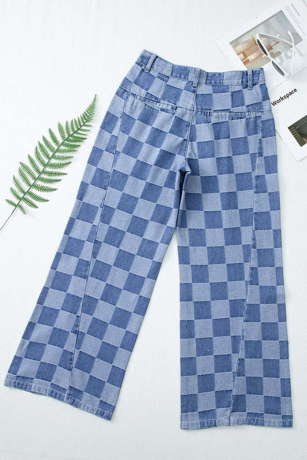 Dusk Blue Checkered Light Washed Wide Leg Jeans - MAD RUFFI