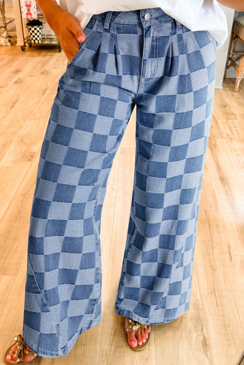 Dusk Blue Checkered Light Washed Wide Leg Jeans - MAD RUFFI