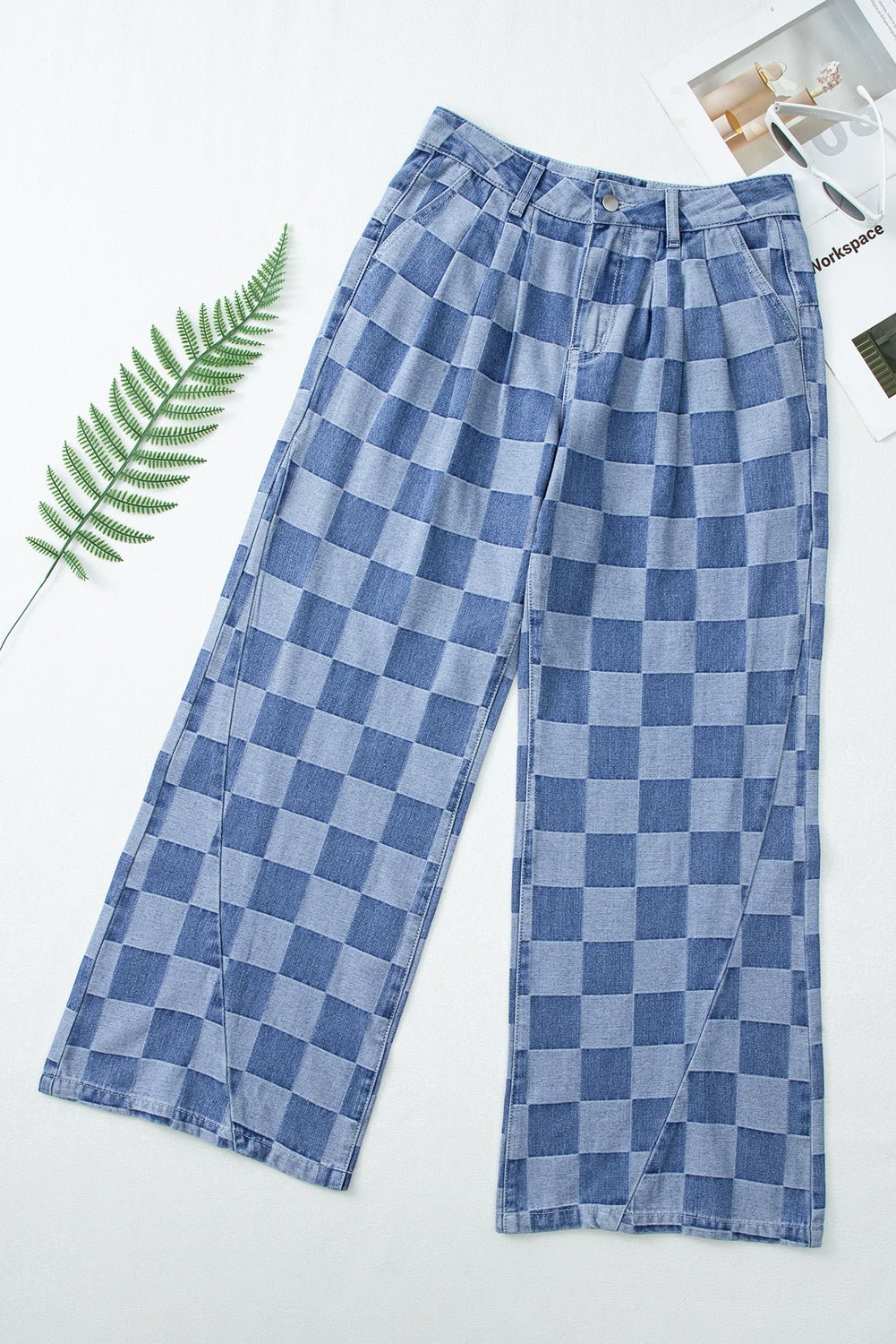Dusk Blue Checkered Light Washed Wide Leg Jeans - MAD RUFFI