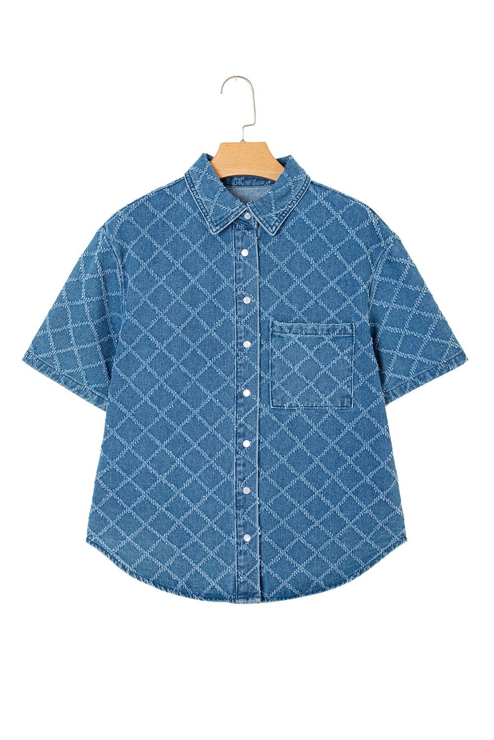 Dusk Blue Checkered Textured Short Sleeve Pocket Denim Shirt - MAD RUFFI