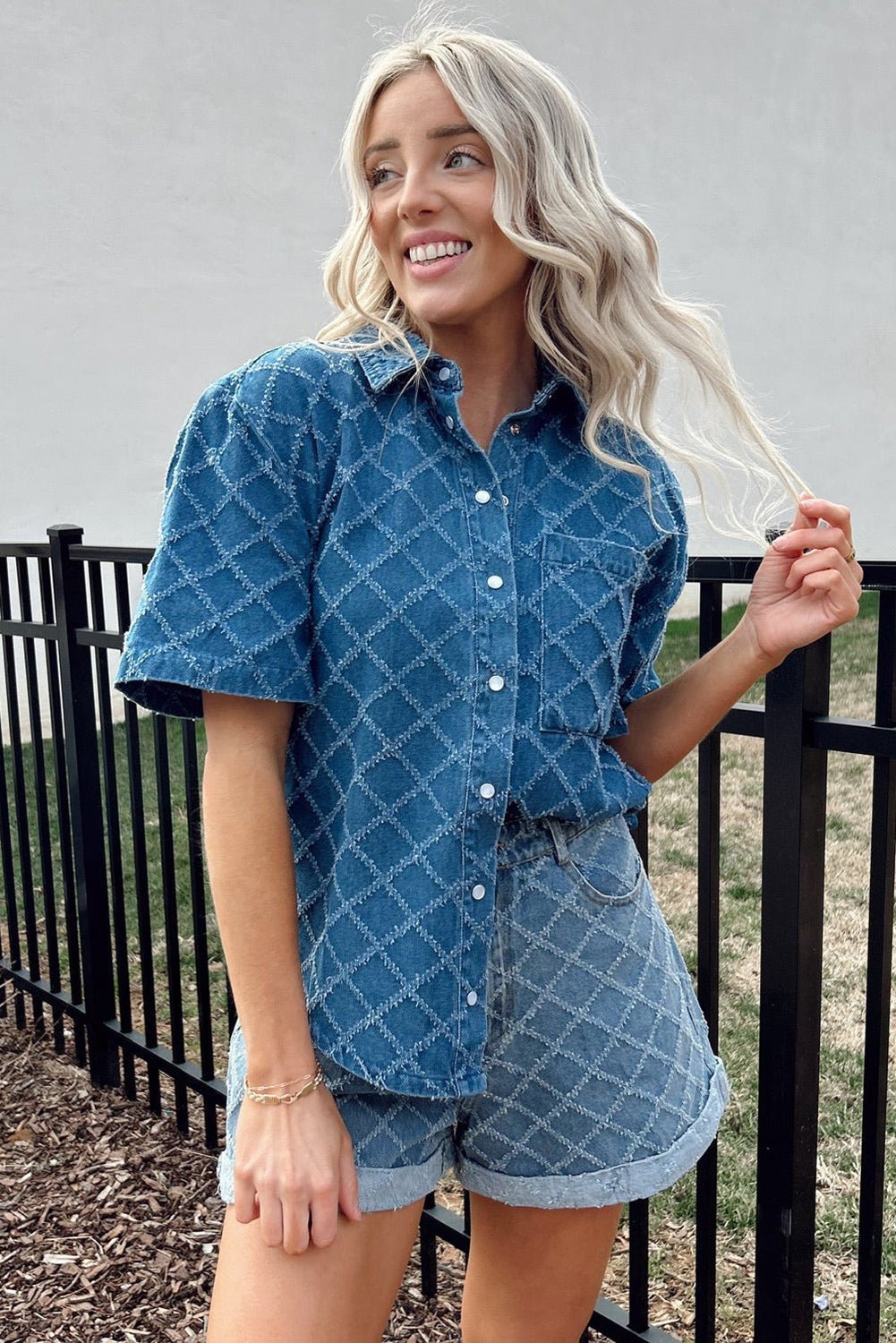 Dusk Blue Checkered Textured Short Sleeve Pocket Denim Shirt - MAD RUFFI