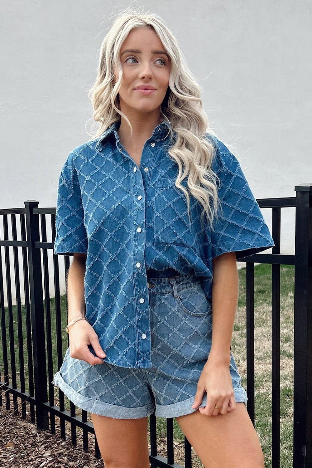 Dusk Blue Checkered Textured Short Sleeve Pocket Denim Shirt - MAD RUFFI