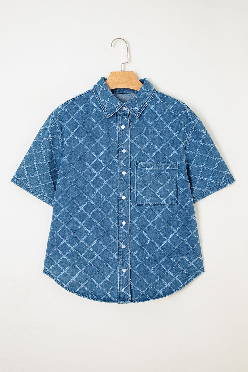 Dusk Blue Checkered Textured Short Sleeve Pocket Denim Shirt - MAD RUFFI