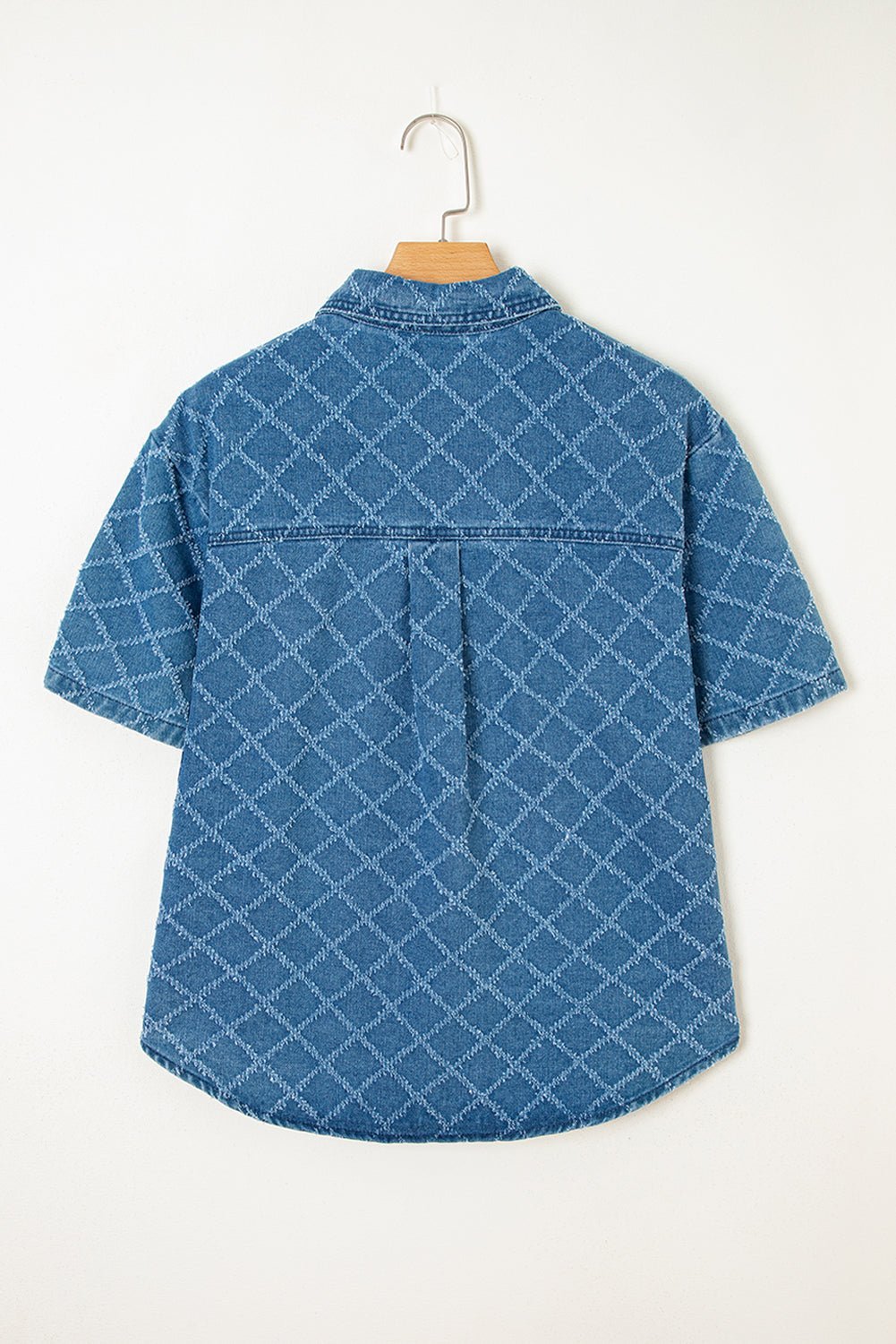 Dusk Blue Checkered Textured Short Sleeve Pocket Denim Shirt - MAD RUFFI