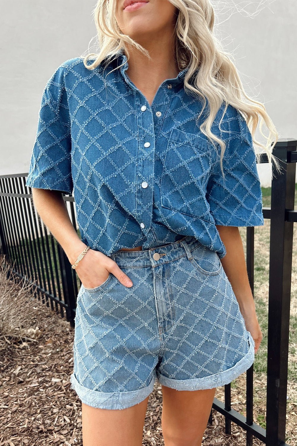 Dusk Blue Checkered Textured Short Sleeve Pocket Denim Shirt - MAD RUFFI